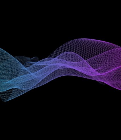 Illustration of soundwaves on black background. Abstract gradient blue and purple curvy mesh.