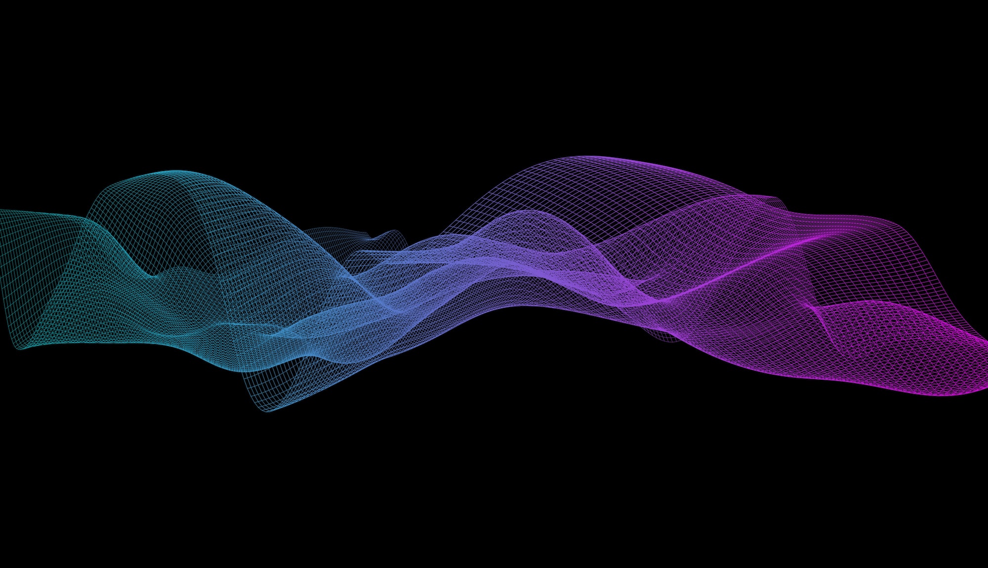 Illustration of soundwaves on black background. Abstract gradient blue and purple curvy mesh.